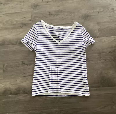 J Crew Womens M Navy Blue White Nautical Stripes Short Sleeve V-Neck • $8