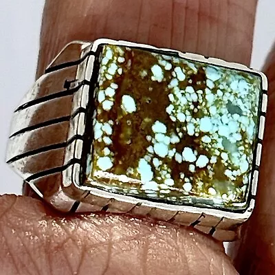 Number 8 Mine Navajo Turquoise Mens Ring Sz 10 Med Wd Rectangle Signed Jack • $98.94