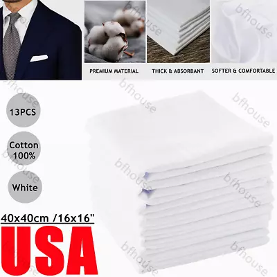 13PCS Men's Handkerchiefs White 100% Cotton Pocket Squares Soft Hankies Bulk Set • $11.90