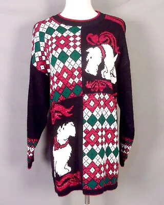 Vintage 80s Holiday Time METALLIC Scotty Dogs Ugly Christmas Sweater Oversized S • $28.79