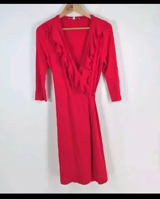 Review Womens Wrap Dress Size 10 Pink Red 3/4 Sleeve V Neck Ruffle Stretch • $25