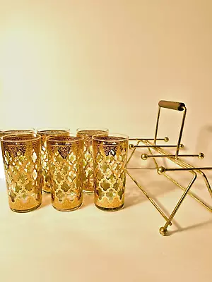 Lot Of 6 Culver Valencia 22kt Gold Green Diamonds Highball Tumbler MCM And Stand • $105.20