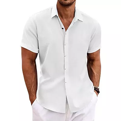 Mens Linen Style Short Sleeve Solid Shirts Casual Fit Formal Dress Top Tee Shirt • $17.73