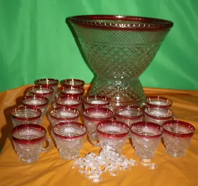 Vintage Indiana Glass Red And Clear 20 Piece Punch Bowl Set With Pedestal Base • $114.99