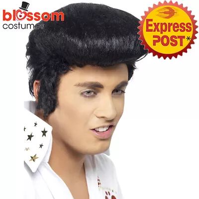 W466 Deluxe Elvis Mens Rock And Roll Presley 1950s Black Fancy Dress Costume Wig • £16.44