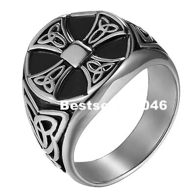 Mens Celtic Cross Signet Trinity Knot Biker Ring Stainless Steel Band Size 7-15 • $10.99