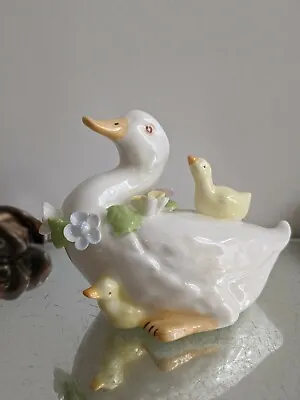 Bone China Duck With Ducklings Figurine Appliqued Flowers Easter Spring VTG • $12.95