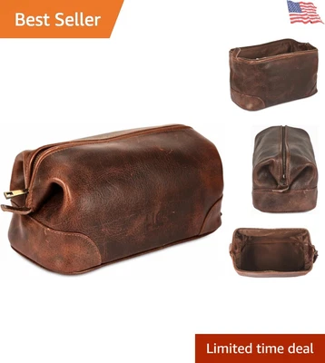 Trousse De Toilette Dopp En Cuir De Vachette Satiné Marron - Fabriquée En Inde, Occasion