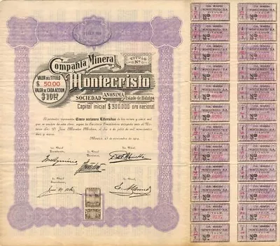 Compania Minera Montecristo - Stock Certificate - Mexican Stocks & Bonds • $95