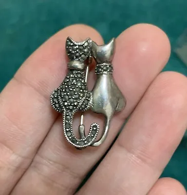 Vintage Sterling Silver Marcasite Cat Couple Brooch • $30