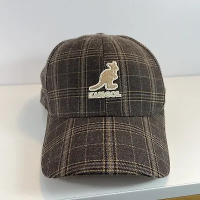 KANGOL Hat Flexfit Brown Plaid Khaki Striped Cap Size S / M Kangaroo Y2K Vintage • $19.80