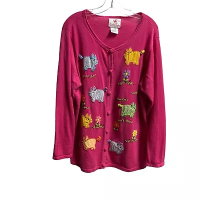 Quacker Factory Womens Button Up Cardigan Sweater Size 1X Pink Pig Embellished • $29.95