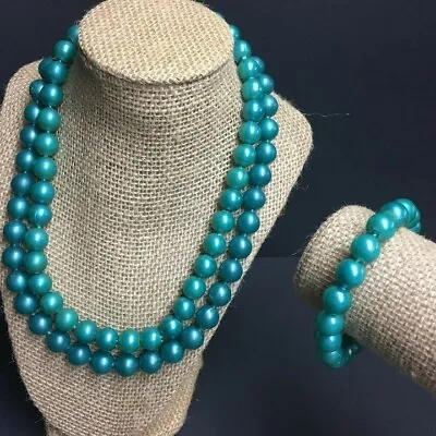 VTG Pop Bead Necklaces Bracelet Teal Blue Pearl Adjustable Retro • $40