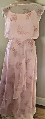 Vintage 1970's Soft Pink Floral Tiered Skirt Sheer Chiffon Long Dress 32 • $10.99