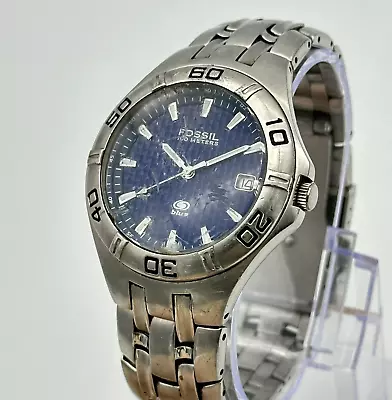 Men's FOSSIL All Stainless Steel Bracelet Watch Blue Dial 45mm Runs AM3685 • $26.99