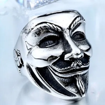 Anonymous Ring Silver V Like Vendetta Mask Skull Stainless Steel Biker Silver • £15.81