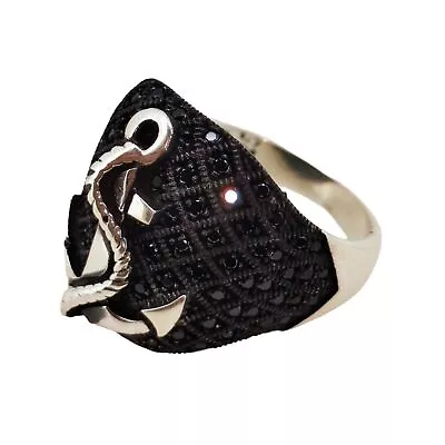 9.19 Gm 925 Sterling Silver Black Marcasite Stylish Men Signet Sailor Ocean Ring • $77.69