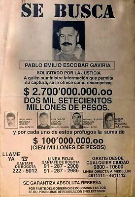 1981 Pablo Escobar 8.5x11 Wanted Poster Photo Se Busca Gang Drug Cartel Reprint • $9.95
