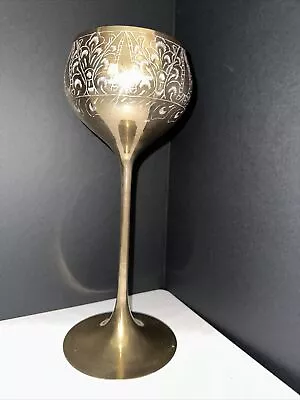 Large Vintage Etched Brass  Chalice 11”X4” India Goblet Cup Thin Stem Decorative • $19.25