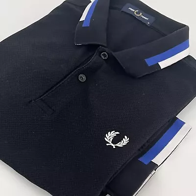 Fred Perry Abstract Black Blue White Polo Shirt Size Medium Mod 60s Casuals • £17