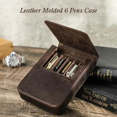 Genuine Leather 6 Slots Hard Fountain Pen Case Stationery Storage Box Organizer • £35.99
