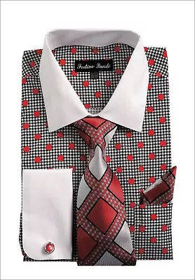 $24.69 • Buy Men's Fashion Polka Dot  French Cuff Dress Shirt With Tie & Hanky  FL632