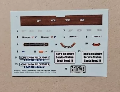 Moebius 1/25 1972 FORD F-250 RANGER XLT 4X4 PICKUP WITH SNOW PLOW DECAL SHEET • $3.95