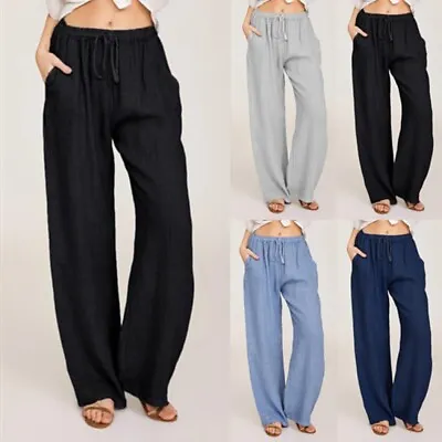 Womens Cotton Linen Wide Leg Pants Ladies Elasticated Waist Casual Trousers UK • £12.99