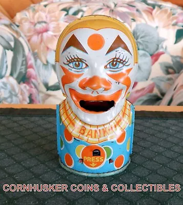 VINTAGE 1950's J CHEIN SCARY TIN CLOWN BANK IN GOOD COMPLETE CONDITION ~ VIDEO • $54.95