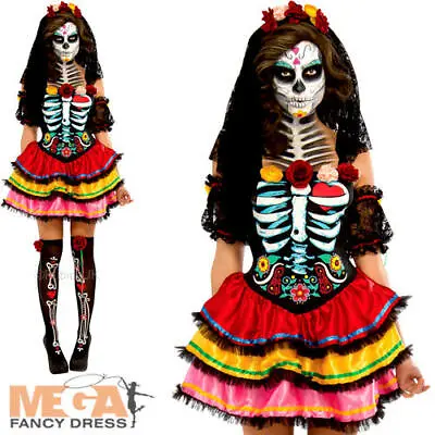 Day Of The Dead Senorita Ladies Fancy Dress Halloween Skeleton Womens Costume • £19.99