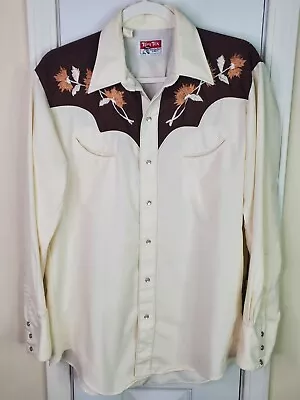 TEM TEX Men's Vtg 70s Cream Brown Western Shirt Pearl Snap Button 16.5 / 34 XL • $38.99