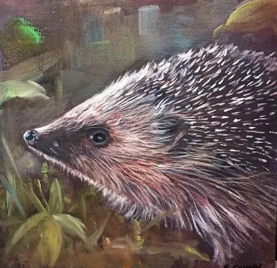 HEDGEHOG PORTRAIT ORIGINAL WILDLIFE FINE ART PAINTING 8x8 Inches  By Simon Quinn • £19