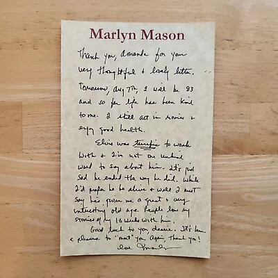 Marlyn Mason The Trouble With Girls Elvis Presley Hand Signed Letter Autograph • $24.99