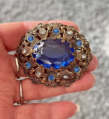 Large Vintage West Germany Blue Glass Rhinestone Ornate PIn Brooch • $68