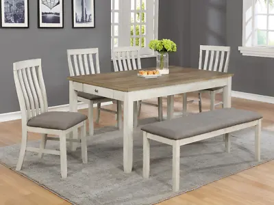 NEW Modern Dining Table (60 X36 ) Rustic Chalk Off-White Oak W/ 4 Chairs & Bench • $979.99