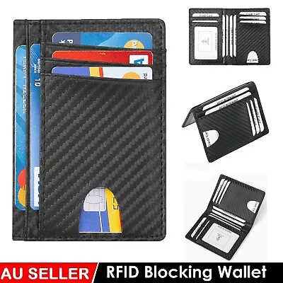 Men's RFID Blocking Slim Leather Wallet Credit Card ID Holder Carbon Fiber Purse • $11.49