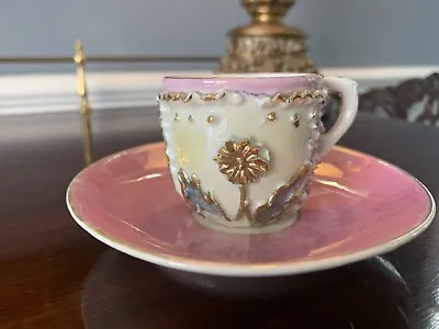 Antique German Demitasse Cup And Saucer Set Lusterware Applied Flowers Design • $18