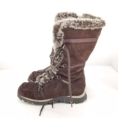 B50 Women's Skechers Grand Jams Boots Brown Lace Up Faux Fur Leather Size 8 • $34