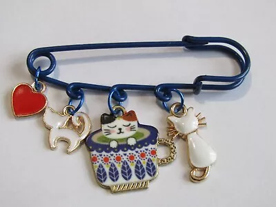 Navy Brooch-pin With 4 X Red/white/blue  Cat Heart Enamel Charms- New-60mm • £2.99