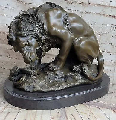 Signed Barye Very Large Lion Snake Bronze Statue Marble Base Sculpture Artwork • $489.65