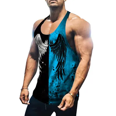 Mens Gym Vest Racerback Bodybuilding Muscle Stringer Tank Top Bodybuilding Vest • £9.06