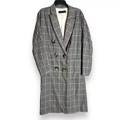 Zara Womens Double Breasted Linen Jacket Coat Small Houndstooth Tench Long Open • $24