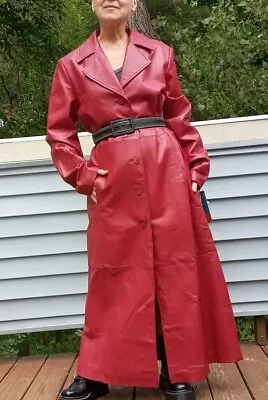 NWT VTG Gorgeous Leather Coat Long Red Timeless Classy-Spy Style Size Large-Tall • $179.99