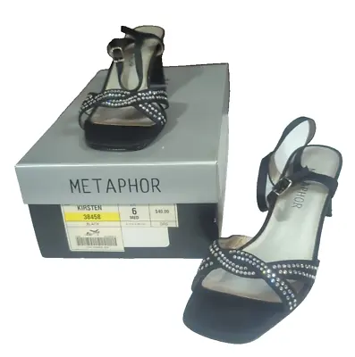 Metaphor Kirsten Black Rhinestone  Strappy Block Heels Women 6 M Formal • $12.57