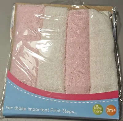 Pink Baby Face Wash Cloths Flannel Pack Of 4 Machine Wash Pink & White 0 Months+ • £3.50