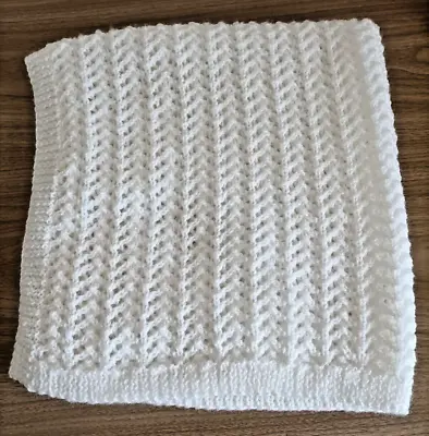 Hand Knitted In Acrylic Dk Lacy Design Large White Baby Blanket • £13.75