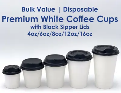 Take Away Single Wall Coffee Cups White (4/6/8/12/16oz) With Lid | BULK BUY AU • $12.99