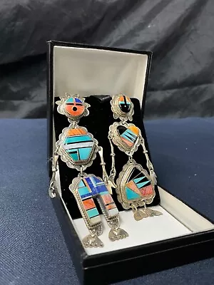 Oscar Alexius Navajo Sterling Silver Multi Gemstone Inlay Dangle Pendant Set • $107.50