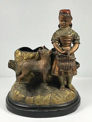 Vintage Ceramic German Girl W/ Basket And Dog PLanter Clay? Bronze Style • $174.99