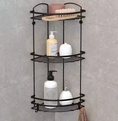 3Tiers Black Bathroom Corner Shelf Rack Shower Organizer Caddy With 2hooks • £23.99